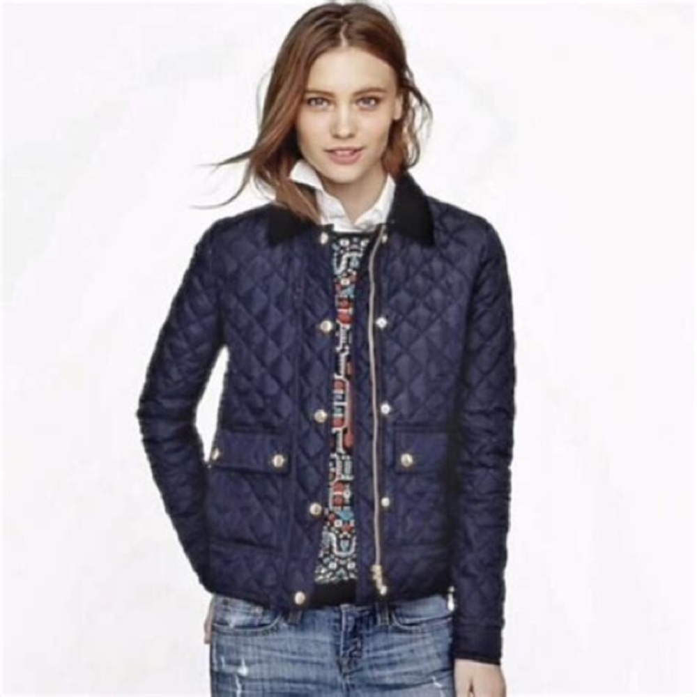 Quilted Navy Blue Down Feather Coat & Gold Buttons